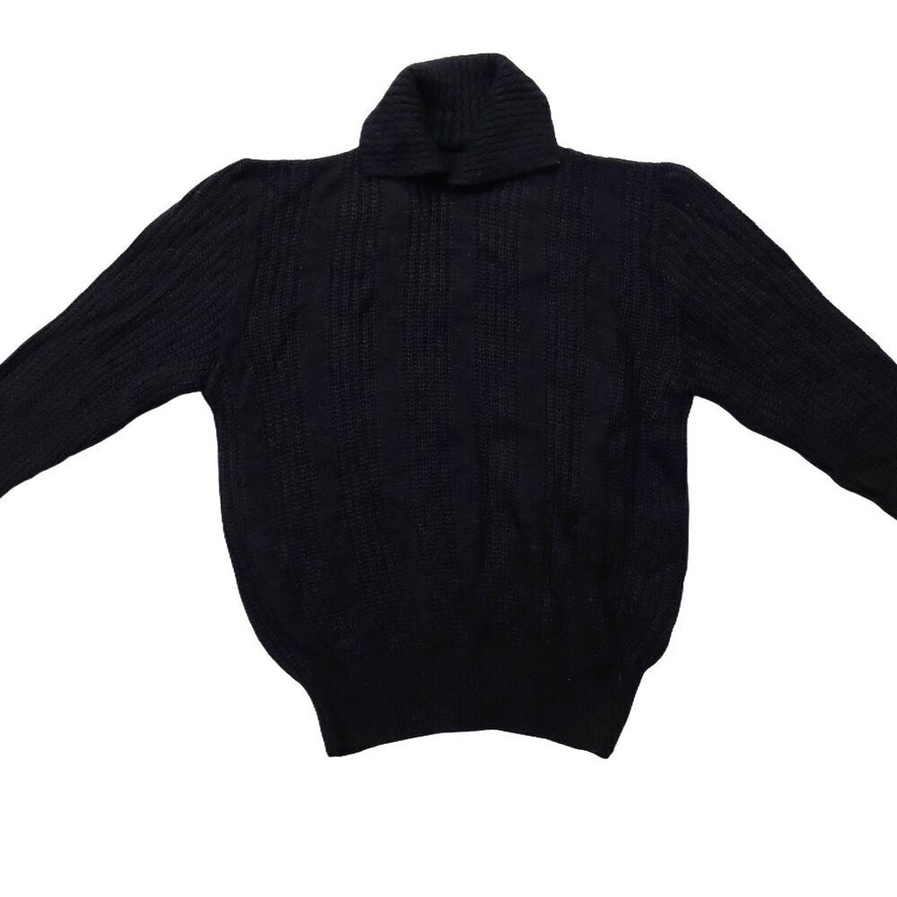 Retro Vintage 1940s-1960s Black Ribbed 3/4 Sleeve Collared Knit Sweater Sz Small